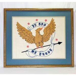 Vintage Patriotic Eagle & Arrow Cross Stitch Folk Art Matted Framed 22.5” x 19”